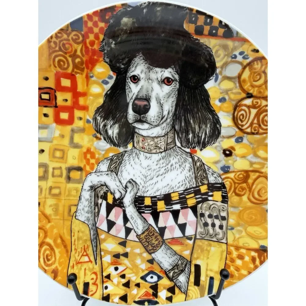West Elm Rachel Kozlowski Dapper Animals Yellow Salad Plate 8.75” Poodle Dog Art